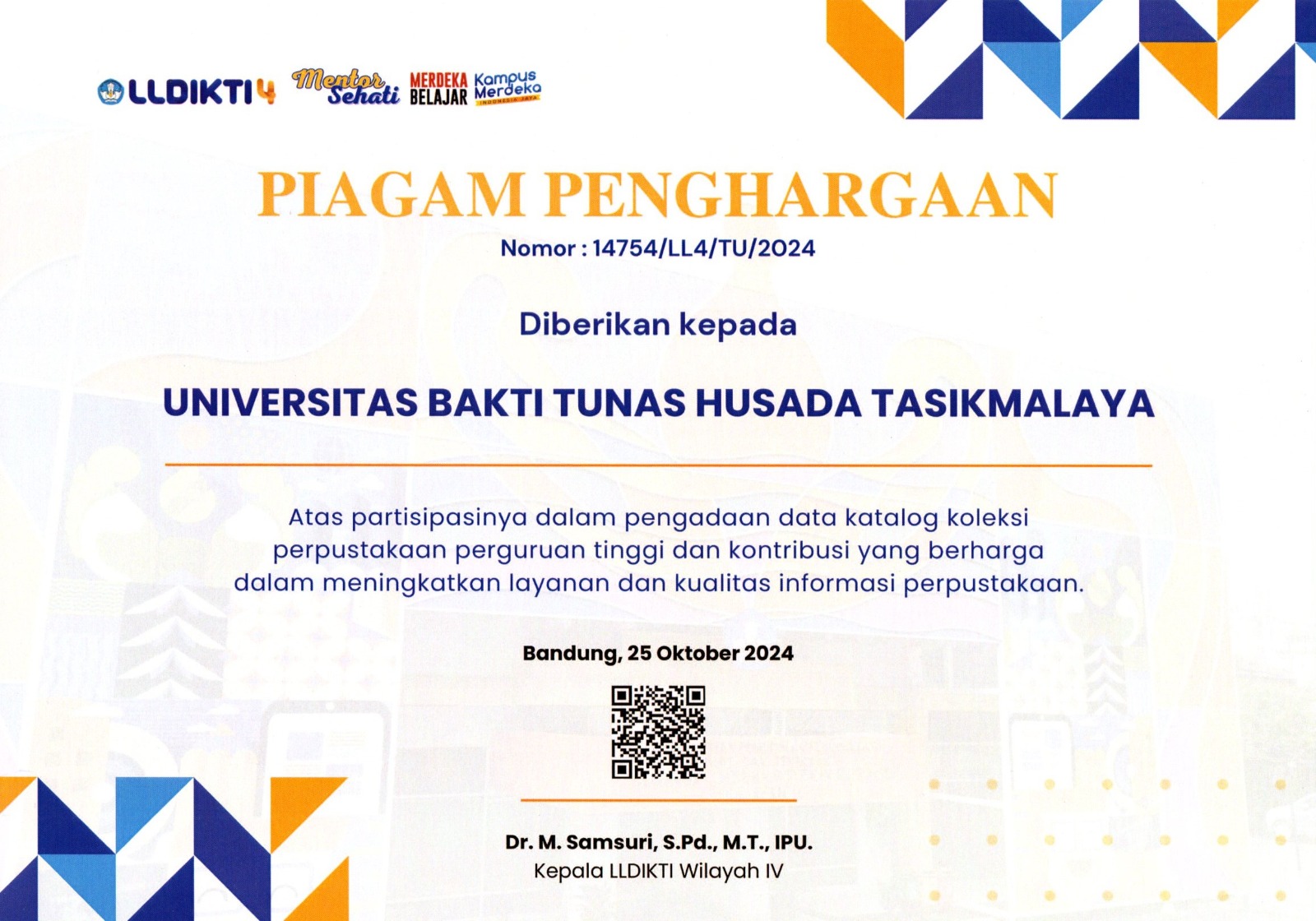 Piagam Penghargaan UPT Perpustakaan Universitas BTH